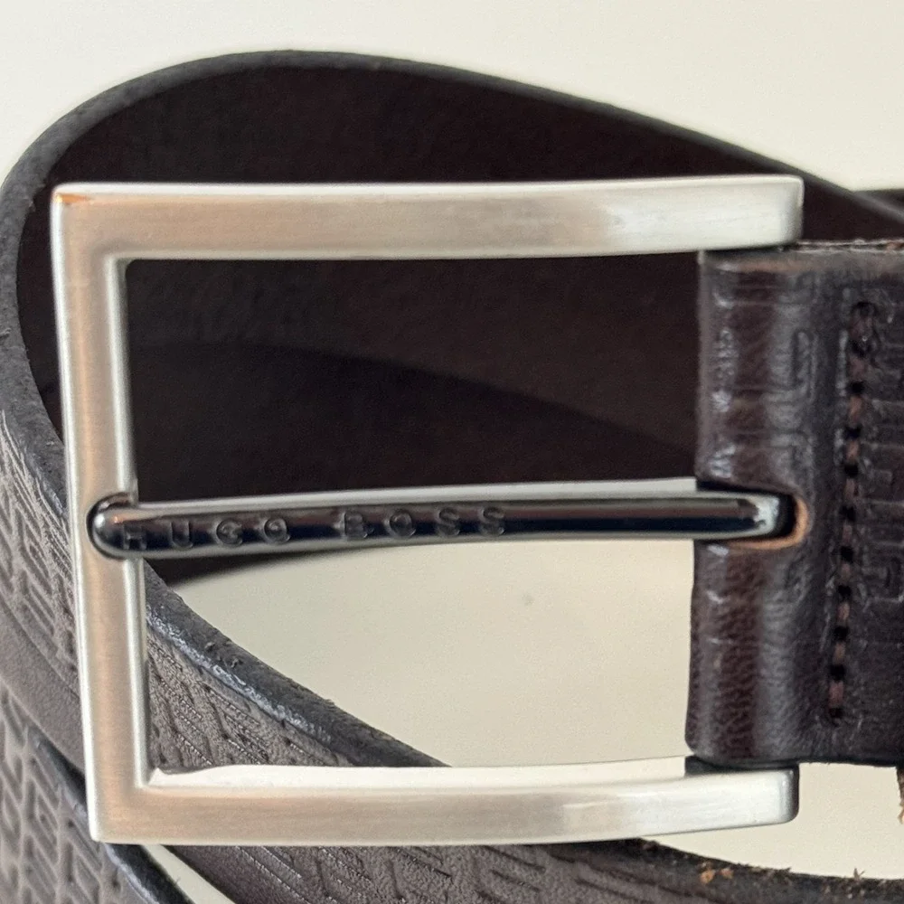 VTG 90s Hugo Boss Embossed Leather Belt Brown Logo Print Silver Buckle Sz 105-40